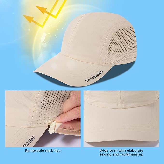BASSDASH UPF 50+ Foldable Fishing Hat Baseball Cap with Removable Neck Flap Portable for Men Women Golf Hiking