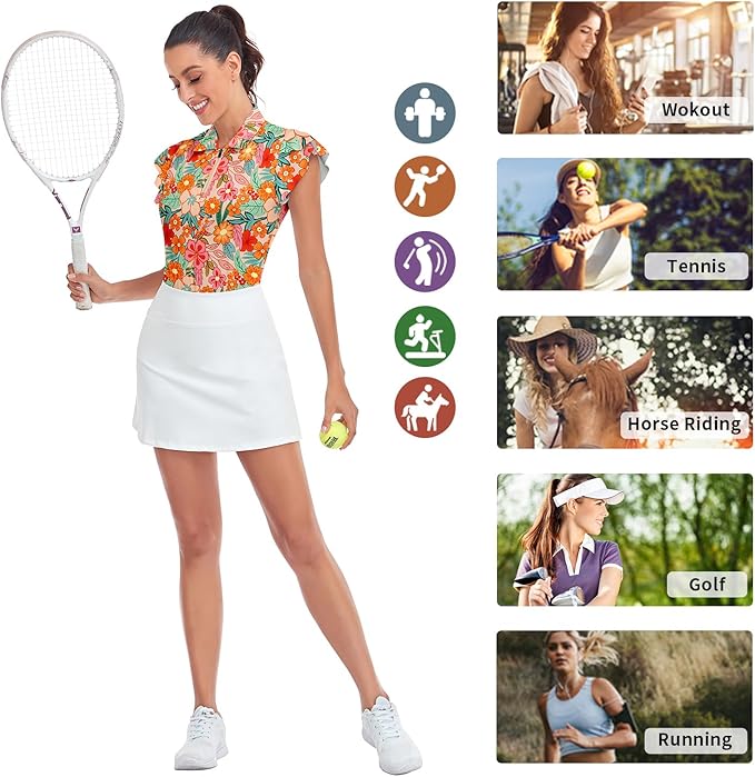 Soneven Womens Petal Sleeve Golf Shirts Moisture Wicking Lady Golf Apparel Print Tennis Sport T Shirt