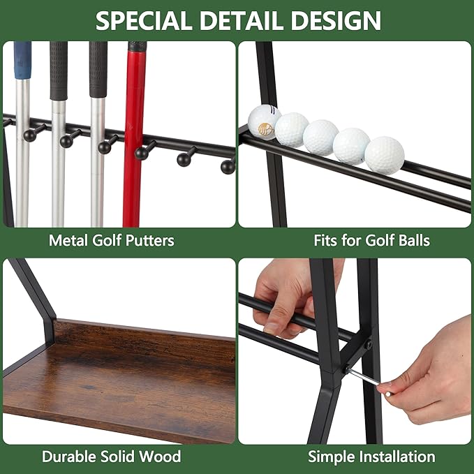 Golf Club Holder for 9 Clubs & 9 Balls, Solid Wood & Iron Golf Organizer, Golf Putter Holder Floor Stand, Golf Club Stand Suitable for Golf Simulators｜Golf Course Accessories