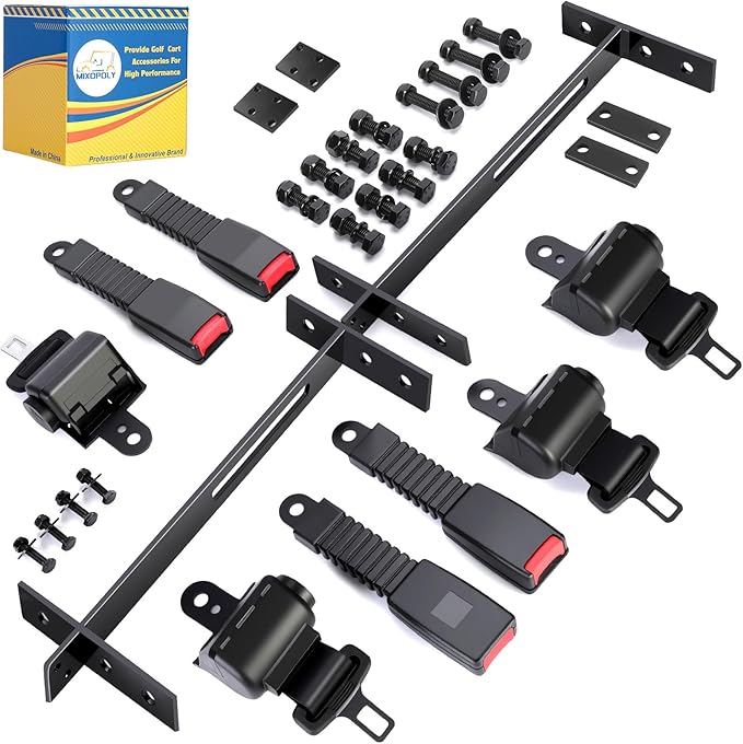 4 Passenger Golf Cart Seat Belt Bracket Kit Universal for Yamaha, EZGO, Club Car Golf Cart with 2+2 Flip Rear Seat, Retractable Seatbelts Max Length 42 Inches