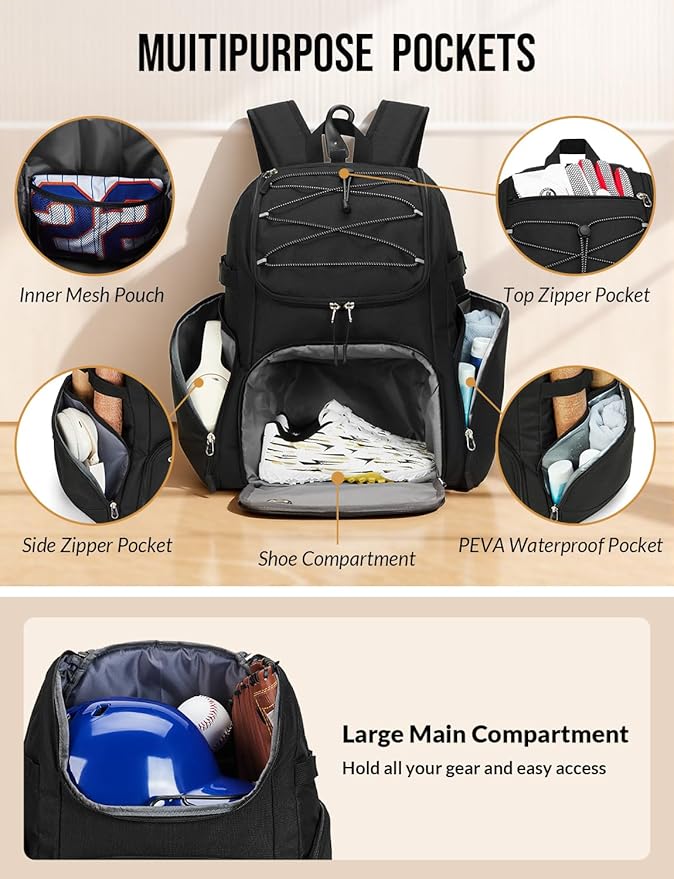 Baseball Backpack for Adult Large Capacity Softball Bat Bag with Shoe Compartment & Wet Pocket Baseball Bag with Fence Hook for 4 Bats & Equipment