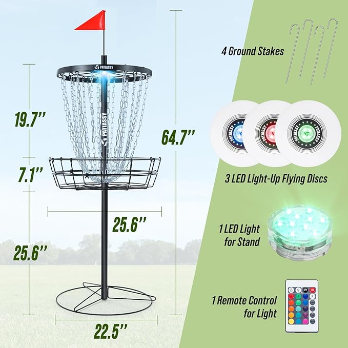 Portable Disc Golf Basket, 24/12 Detachable Chains Disk Golf Target with Sound Reducer for Quiet Practice, Night Practice Set with Remote LED Light, 3 Light Up Discs & 4 Ground Stakes