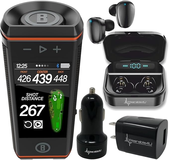 Bushnell Wingman HD View Golf Speaker, 3.5" Touchscreen, GPS Distances, Premium 360° Audio, Waterproof Design, Magnetic Cart Mount with Wearable4U Black Earbuds & Car/Wall Chargers Bundle