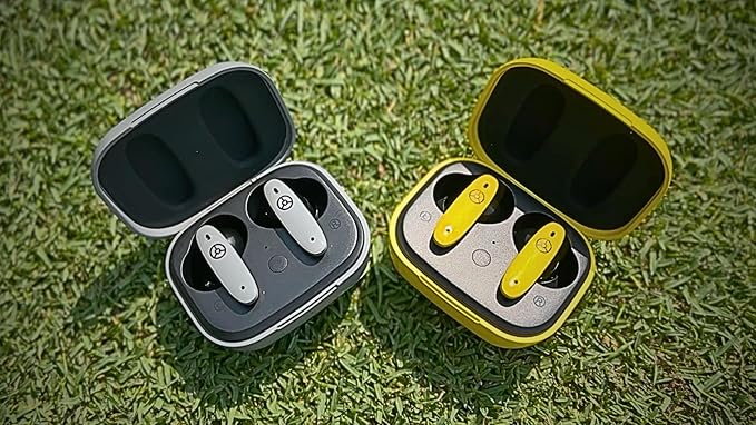 TecTecTec Team8 E Golf Earbuds - Bluetooth Golf Rangefinder Wireless Earphones with Hazard Alerts - Front/Middle/Back Green Distances - Touch Controls Golf Ball Tracker with Call Support - Yellow