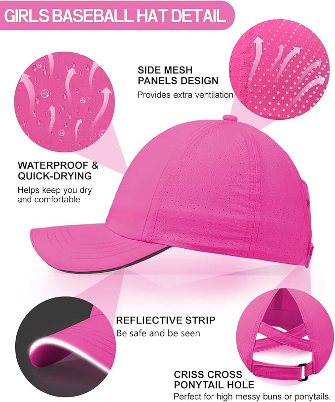 Little Girls Reflective Baseball Cap Criss Cross Ponytail Hat Kids Quick Dry Mesh Summer Sports Hat for Toddler Ages 3-8