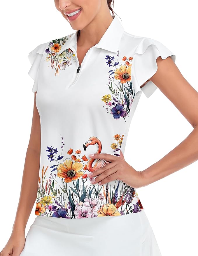 Soneven Womens Petal Sleeve Golf Shirts Moisture Wicking Lady Golf Apparel Print Tennis Sport T Shirt