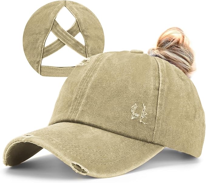 Womens Criss Cross Ponytail Baseball Cap Distressed Ponytail Hat High Messy Bun Trucker Ponycap for Outdoor Sports