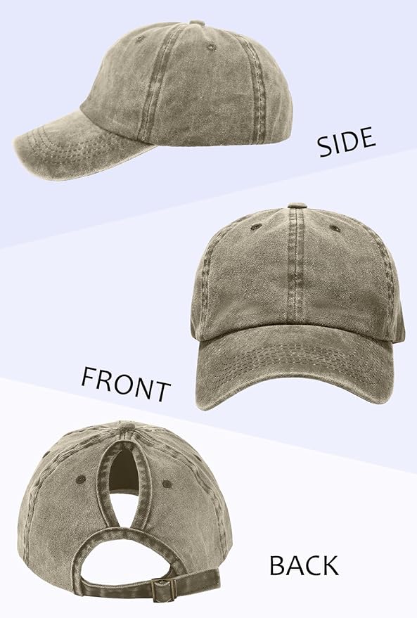 Womens Vintage Washed Distressed Baseball-Cap with Ponytail Hole Sport Golf Hat