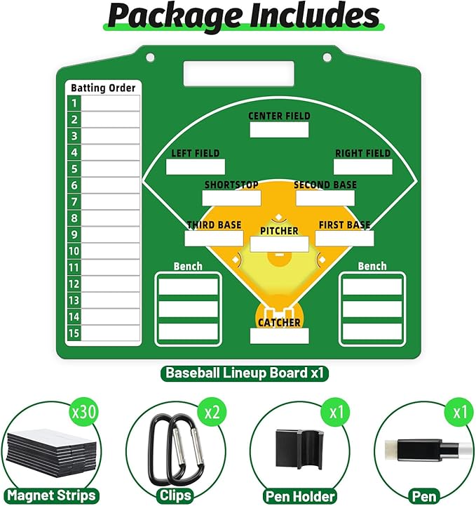 Magnetic Baseball Lineup Board - Dry Erase Baseball Lineup Board for Dugout, Sturdy Magnetic Baseball Coach Clipboard for Coaches, Durable Softball Coaching Accessories. (Green)