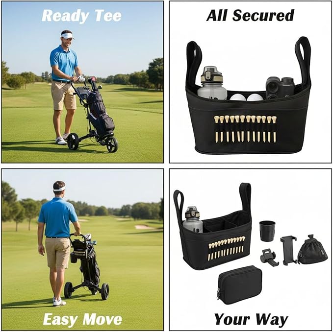Golf Push Cart Bag, Golf Accessory Bag with Adjustable Compartments, Multiple Pockets, and Quick Attachment Straps, 15x3.1x8.3 in for Golf Carts, Strollers