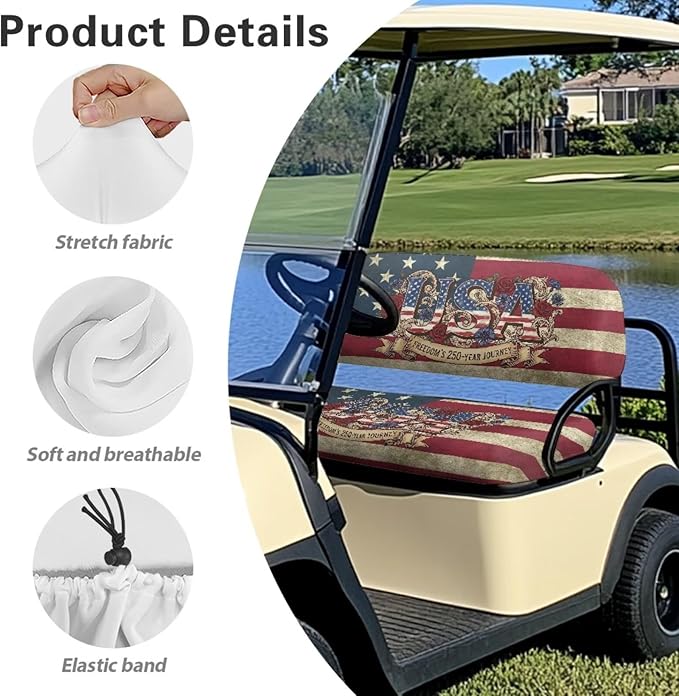 Yewatlles USA 250th Golf Cart Seat Covers Seat Kit, Printed Breathable Golf Cart Seat Cushions Golf Blanket Golf Club Car Accessories
