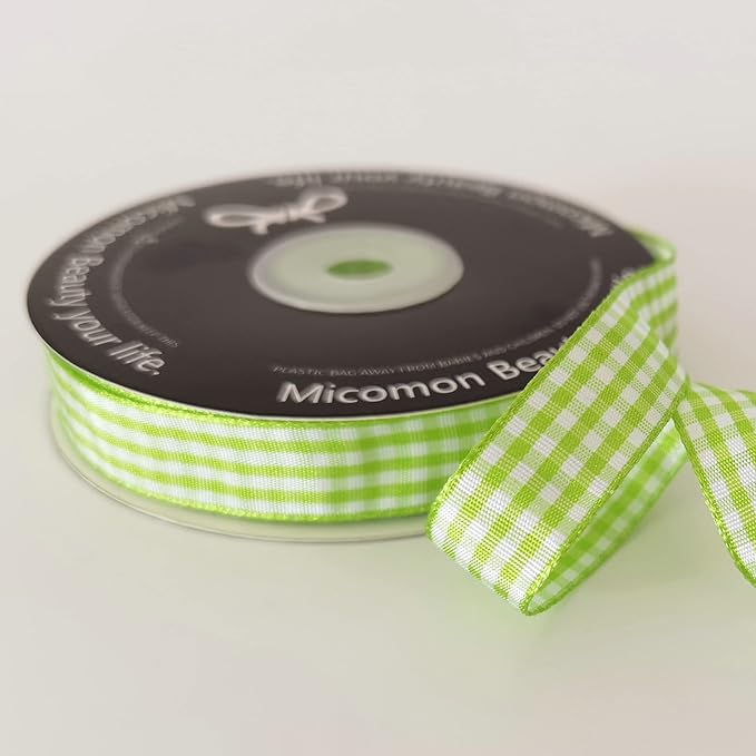 Apple Green Light Green Gingham Plaid Checked Ribbon 25 Yards Each Roll 100% - Image 6