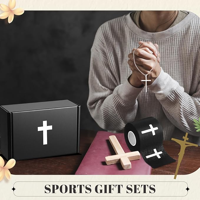 TrelaCo 4 Pack Christian Sports Gift Set with Athletic Tape Sport Socks Cross Necklace Gift Boxes Religious Soccer Socks