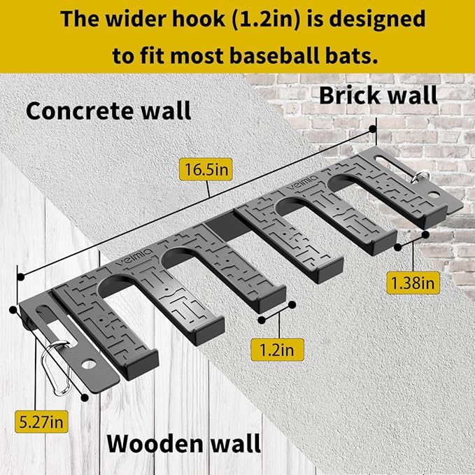 veimia Baseball Bat Holder Wall Mount, Baseball Bat Storage Rack, Holds 10 Bats on Wooden or Concrete Wall, Metal Bat Hanger with Fully Wrapped Rubber Mat, Bat Holder