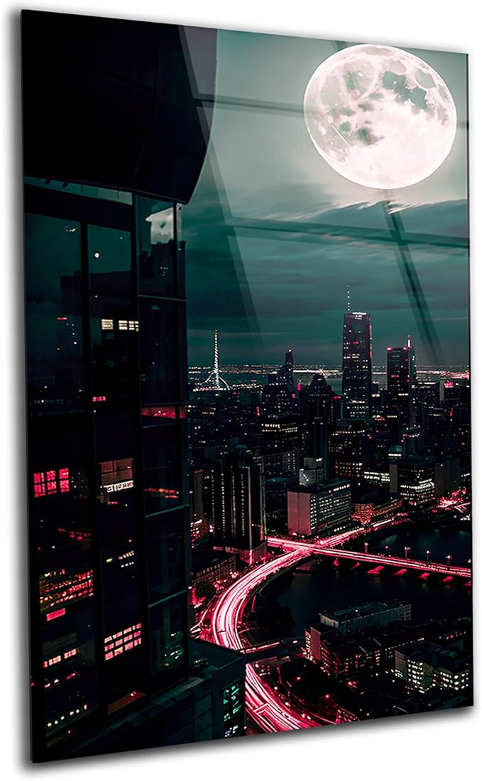 SpiritualHands Moon And City Glass Wall Art Painting by SpiritualHands