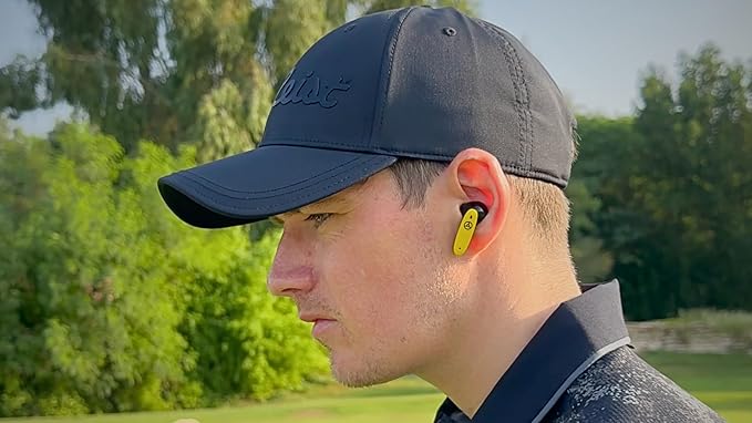 TecTecTec Team8 E Golf Earbuds - Bluetooth Golf Rangefinder Wireless Earphones with Hazard Alerts - Front/Middle/Back Green Distances - Touch Controls Golf Ball Tracker with Call Support - Yellow