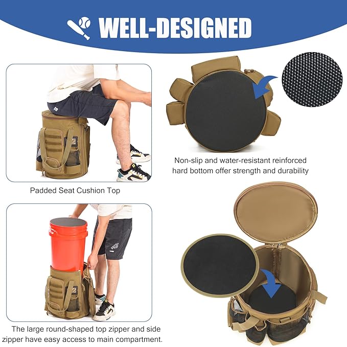 Baseball Bucket Bag 6 Gallon Bucket Cover Organizer w/Padded Seat tactical Softball Coaches Bag for Balls, Bat, Gloves, Scoreboards