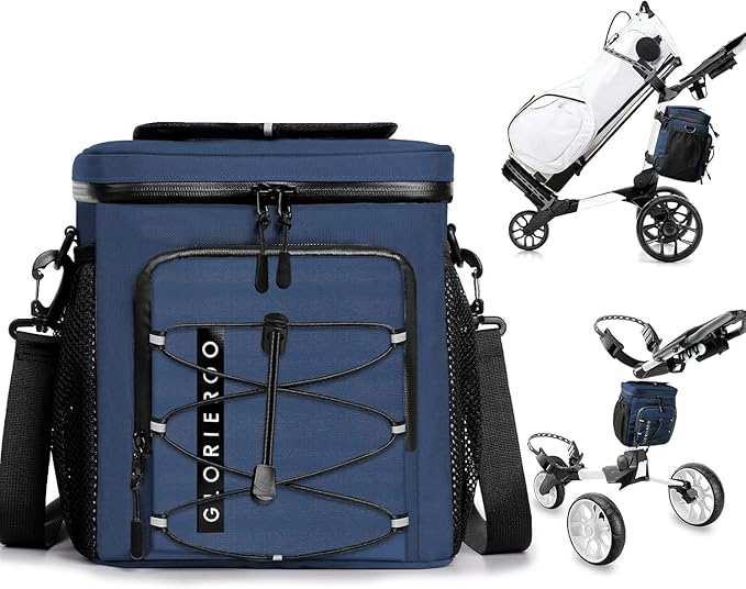 Golf Cart Cooler Bag Insulated - 12-Can Leakproof Soft Cooler Bag with Hook-and-Loop Lid, Waterproof Zippers, and Multi-Pockets for Accessories; Fits on Golf Push Cart