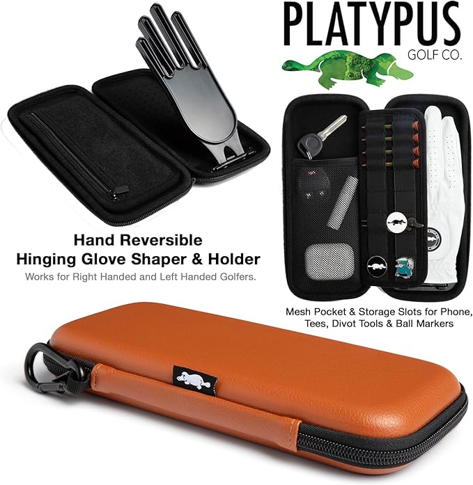 Platypus Golf Co. Golfing Caddie EVA Travel Case Organizer with Bamboo Tees & Ball Marker - Hand Reversible Hinging Glove Shaper & Holder, Mesh Pocket & Storage Slots, Golfers Cases for Men & Women