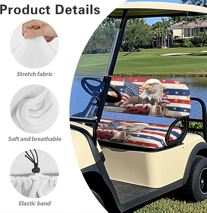 Bulopur 250 Years American Golf Cart Towel Seat Cover Non-Slip Breathable Golf Cart Cushion Cover and Backrest Cover 2 Pack Golfcart Accessory for Golfer Gifts