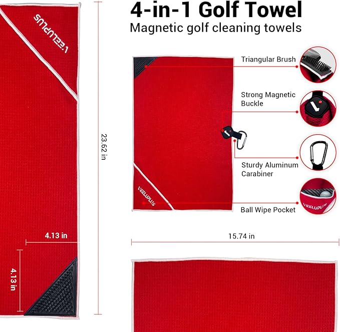 4-in-1 Magnetic Golf Towel with Golf Brush & Cleaning Pocket -3 Stage Cleaning System - Super Strong Golf Club Cleaner- Microfiber Waffle-15.7" X 23.6" Golf Accessories and Gifts for Men Women (RED)
