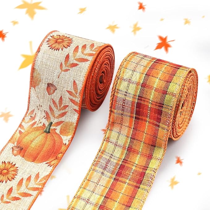 Threetols 2 Rolls 10 Yards Fall Wired Edge Ribbons, 2.5inch Orange Plaid Burlap by Threetols