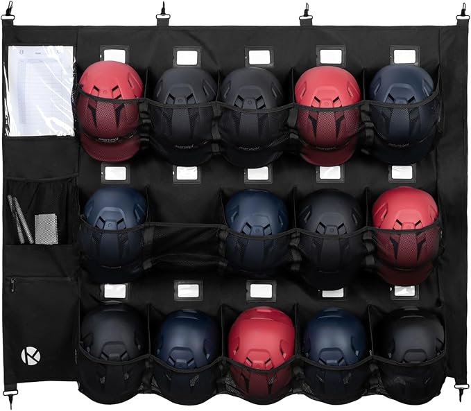 KAVIGOR Baseball/Softball Dugout Organizer - 15+ Helmet & Glove Storage Bag, Military-Grade 900D Fabric & 6 Reinforced Steel Hooks