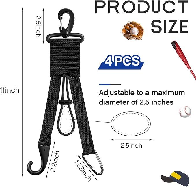 Deekin 4 Pcs Baseball Softball Gear Hanger 3 in 1 Dugout Organizer Bat Holder with Glove Clip and Helmet Hook for Fence Bag Water Bottle Hiking Camping (Black)
