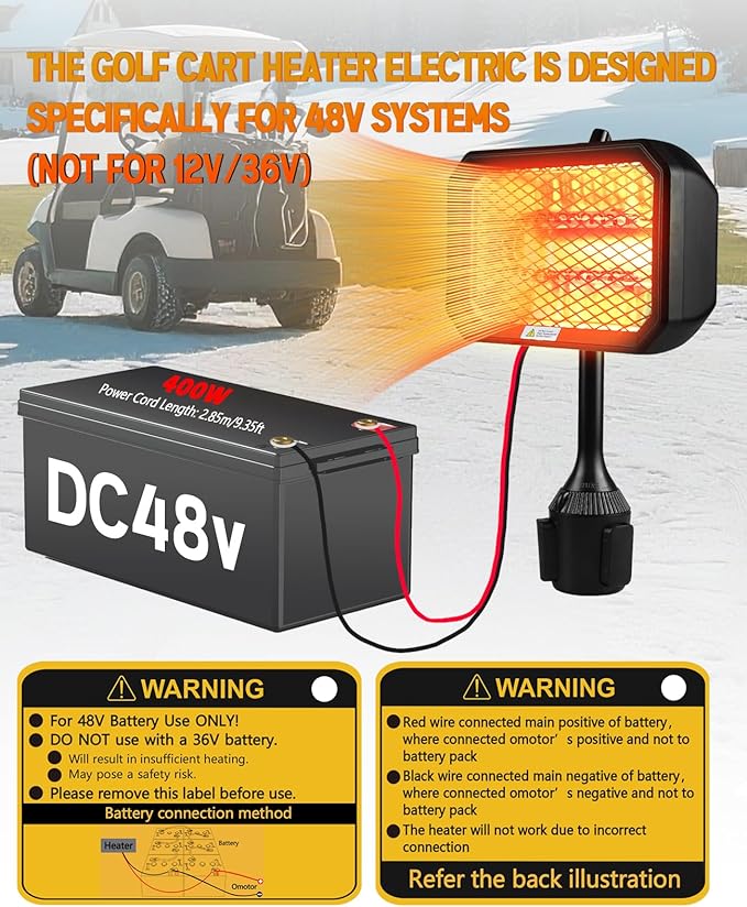 Xislet Golf Cart Electric Heater [2-Second Quick Heat] 400W Quiet & Safe Carbon Fiber Golf Cart Heater, Easy to Install Battery Powered Heater, Stable Fit 48V Club Car/Yamaha/EZGO