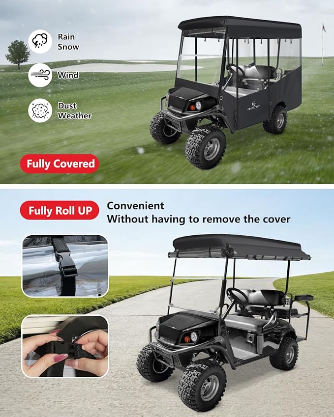 4 Passenger Golf Cart Enclosure for EZGO Express S4 2+2 Seater Long Roof, Waterproof 600D Oxford Driving Rain Cover with Full Roll-Up Clear Windows & Doors