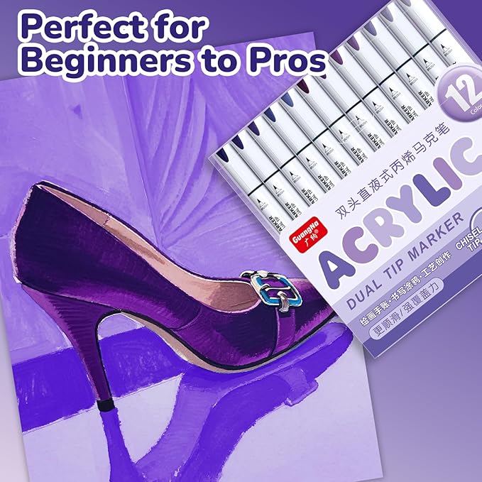 Guangna 12 Purple Dual Tip Acrylic Paint Markers, Brush Tip & Chisel Tip - Image 7