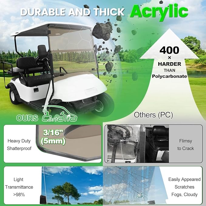 Golf Cart Foldable Windshield 3/16" (5MM) Thicken for 1995-2013 EZGO TXT & Medalist, 40.75" W×33.85" H, Fits 3/4" Rail Front Folding Windscreen Glass Scratch-Resistant, Shatterproof, Anti-UV