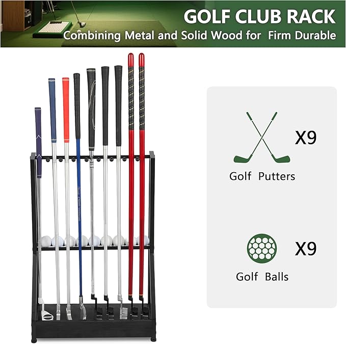 Golf Club Holder for 9 Clubs & 9 Balls, Solid Wood & Iron Golf Organizer, Golf Putter Holder Floor Stand, Golf Club Stand Suitable for Golf Simulators｜Golf Course Accessories