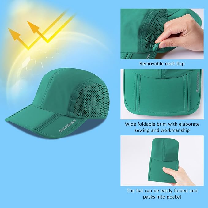 BASSDASH UPF 50+ Foldable Fishing Hat Baseball Cap with Removable Neck Flap Portable for Men Women Golf Hiking