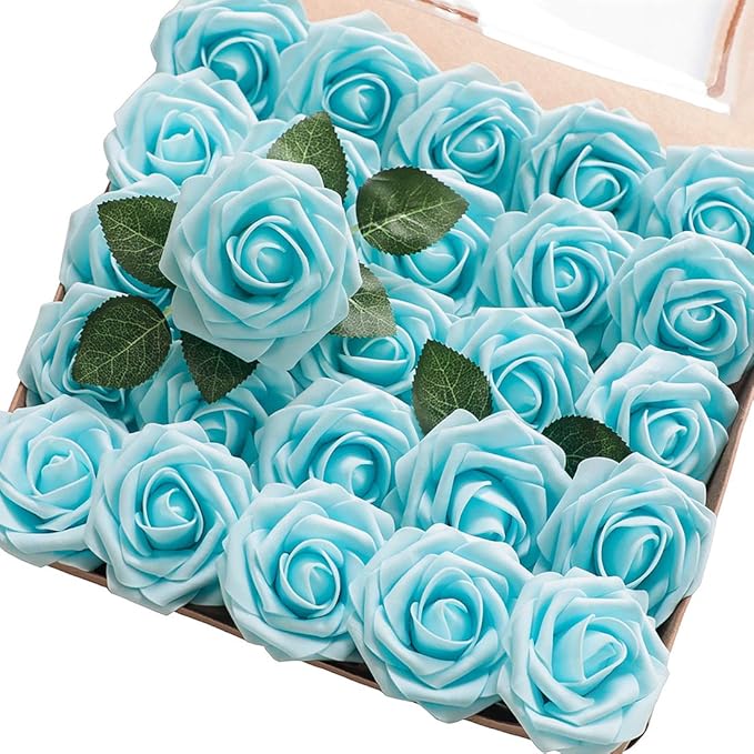 Floroom Artificial Flowers 25pcs Real Looking Aqua Blue Foam Fake Roses by Floroom