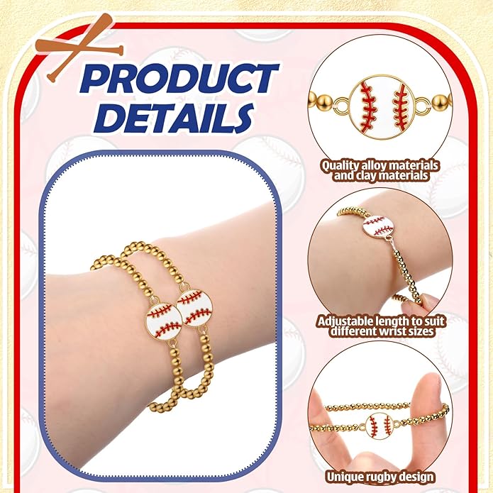 Tondiamo 24 Pcs Cheer Baseball Softball Soccer Basketball Football Tennis Bracelets Gifts Bulk Beaded Stretch Bracelets Charm Gifts Sport Jewelry Party Favors Supplies