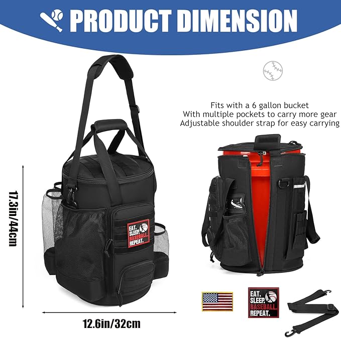 Baseball Bucket Bag 6 Gallon Bucket Cover Organizer w/Padded Seat tactical Softball Coaches Bag for Balls, Bat, Gloves, Scoreboards