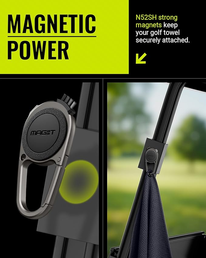 Legato MAG-iT Magnetic Golf Towel with Built-in Groove Cleaner & Sharpener – N52SH Ultra-Strong Magnet, Waffle Microfiber, Carabiner Included – Golf Bag Accessory – Black