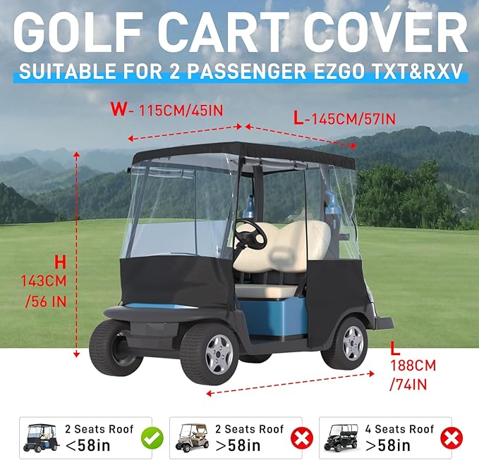 Golf Cart Cover, For 2 Seater, Driving Use, 4 Sides Rolled Up, Waterproof, Windproof, Dustproof, 600D Waterproof Oxford Cloth, Super Transparent EVA, For Club Car Precedent/Tempo/ Onward, EZGO