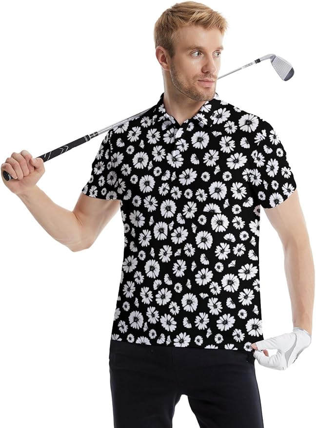 HUURAY Funny Golf Polos for Men Funny Print Short Sleeve Shirts Quick Dry Polo Shirts Hawaiian Shirt Performance Golf Outfits