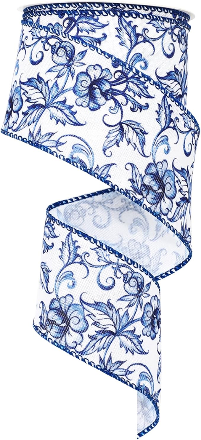 Blue White Floral Wired Edge Ribbon Roll Vintage Watercolor Flower Craft Ribbon by JarThenaAMCS