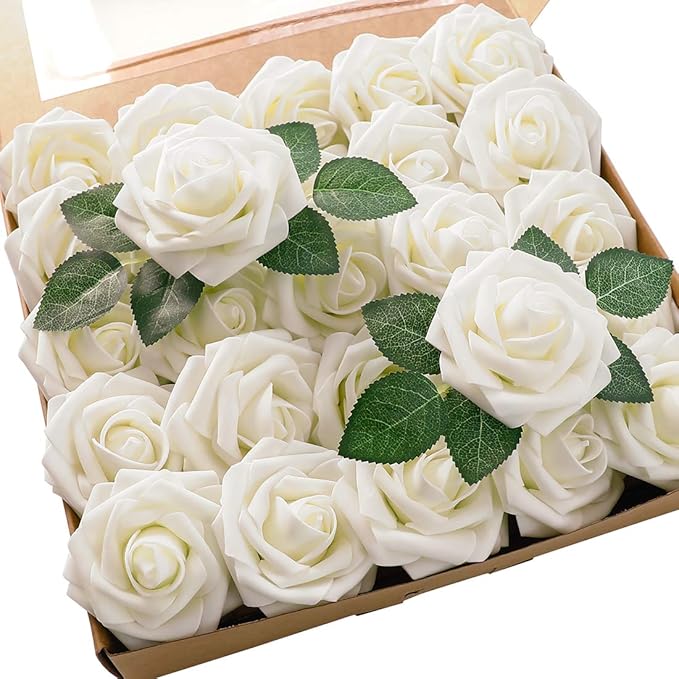 Floroom Artificial Flowers 25pcs Real Looking Ivory Foam Fake Roses by Floroom