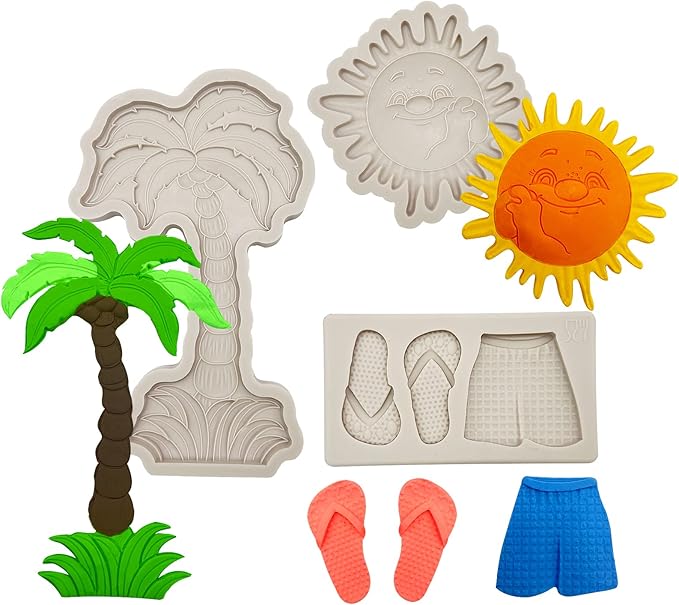 3 Pcs Hawaiian Coconut Tree Fondant Molds, Seaside Beach Sun Silicone Molds by IKOJING