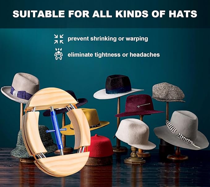 4 Way Hat Stretcher, Hat Stretcher for Fitted Hats, Heavy Duty Hats Shaper Extender w. Lever Wrench for Men All Kind of Caps