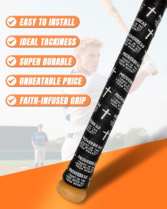 Piemow Baseball Bat Grip Tapes, Faith Cross Bat Grip Tape, 1.5mm Precut and Full Adhesive Baseball Wrist Tape, Scripture Designs Non-Slip Religious Baseball Grip Tapes for Sports