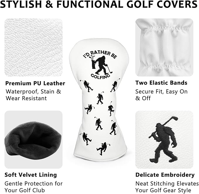 Golf Club Head Covers for Men Women, PU Leather Golf Headcover for Driver Fairway Wood and Hybrid, Funny Golf Accessories