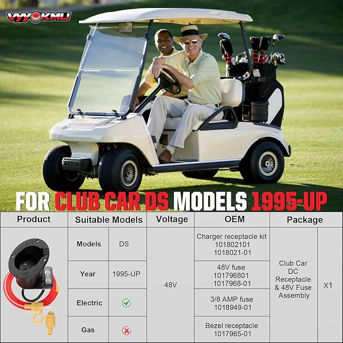 48Volt Golf Cart Club Car DS DC Charger Receptacle with Fuse for Club Car DS 1995-UP, Club Car Golf Cart Charging Port OEM# 101802101 1018021-01 101846801, Charger Receptacle and Fuse Assembly