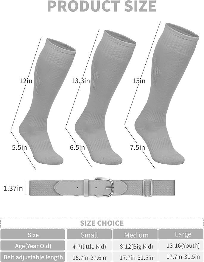 Baseball Socks and Belt Combo Set Cotton Boys Adjustable Baseball Softball Socks and Belt for Boys Girls