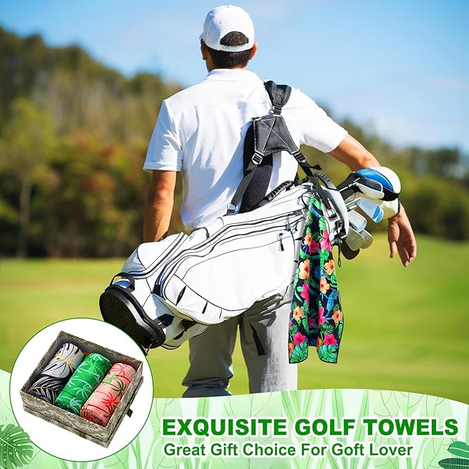 Fanfanwin 9 Pcs Golf Towel Bulk 24 x 16 Inches Microfiber Waffle Towel with Clip Tri Fold Portable Rag Accessories for Golf Bag Mini Tournament Club Yoga Fitness Remove Sand Mud Dirt Sweat(Hawaiian)