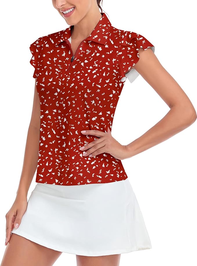 Soneven Womens Petal Sleeve Golf Shirts Moisture Wicking Lady Golf Apparel Print Tennis Sport T Shirt